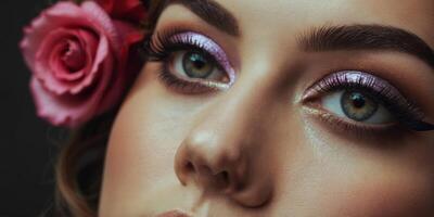 A captivating gaze adorned with fluttering eyelashes, vibrant eye shadow, and precise eyeliner, accented by bold brows and glossy lips,. photo