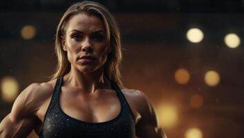 Muscular female bodybuilder posing on stylish background, strong athlete woman striking a cool pose. photo