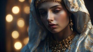 Close-up of the face of the Virgin Mary on a textured background. photo