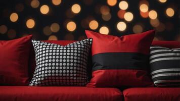 An array of red and black pillows arranged in a contrasting and striped design on a solid red background, providing a bold and modern decorative element. photo