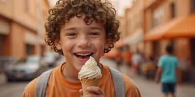 Happy Curly Boy with Freckles Enjoying Ice Cream Cone on Pastel Orange Background. photo