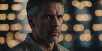 Pensive Man with Thoughtful Expression in Neutral Tones with Copy Space. photo
