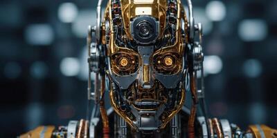 Cybernetic assembly front view close up of a robot integrated into a circuit board to showcase advanced robotics in manufacturing futuristic. photo
