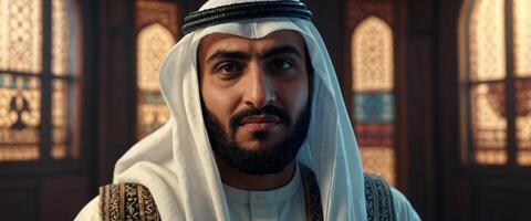 An Arab Muslim Man Character Constructor Kit offers various facial expressions, body parts, and business accessories for animation and customization. photo