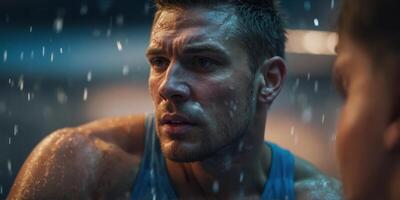 Closeup of an athletes face as they wince in discomfort while undergoing cryotherapy but also wearing a determined expression knowing it will benefit their performance. photo