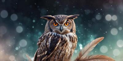 Clipart of a mystical owl perched on a dreamcatcher watercolor feathers blending with bohemian elements. photo