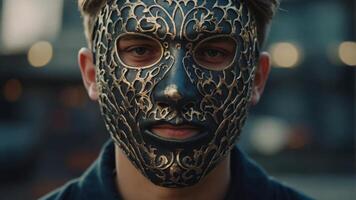 Masked man teenager expressing different emotions face expressions. photo
