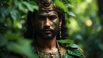 Face of mythologic god on the background of green leaves. photo