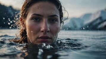 A closeup of a persons face as they bravely dip their head under the icy water. photo