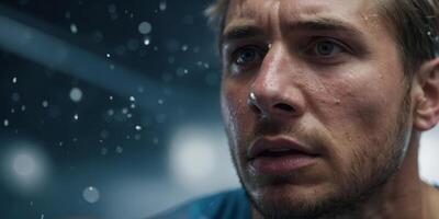Closeup of an athletes face as they wince in discomfort while undergoing cryotherapy but also wearing a determined expression knowing it will benefit their performance. photo