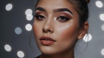 A social media user showcasing a makeup look with a simple as well as clean background. photo