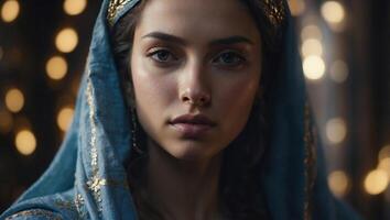 Close-up of the face of the Virgin Mary on a textured background. photo