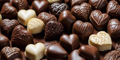 Close-up of assorted chocolate hearts, perfect for themes of love, dessert recipes, or confectionery marketing, evoking indulgence and romance. photo