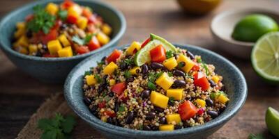 A hearty quinoa and black bean salad topped with fresh mango salsa and a zesty lime dressing. photo