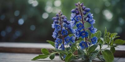 A serene boho frame of blue delphiniums and sage leaves encasing a spa treatment menu. photo