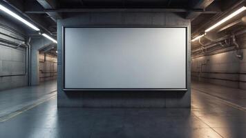 Extensive blank billboard in an underground utility space with complex pipe networks. photo