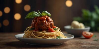 Italian spaghetti with meatballs tomato sauce garnished with basil. photo
