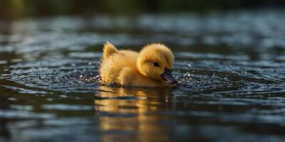 Joyful yellow duckling splashing in a serene river. photo