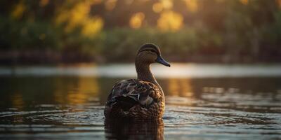Serene duck basking in golden hour light on tranquil lake. photo
