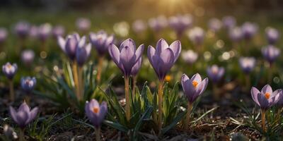 Serene spring crocus bloom in sunlit meadow. photo