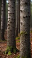 A forest where the trees are alive, their faces visible in the bark, watching silently. photo