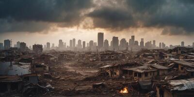 A dystopian portrayal of a city ravaged by disaster featuring collapsing buildings and a tumultuous sky. photo