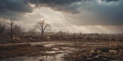 Aftermath of Destruction - Tornado Dissipating with Calm Sky Resuming over Devastated Landscape. photo