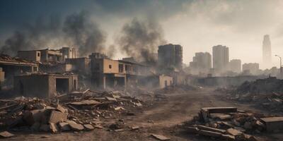 Post Apocalyptic Cityscape Destroyed Buildings Rubble Smoke and Sky. photo