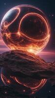Alien spaceships with neon trails zipping through the atmosphere of a distant planet. photo
