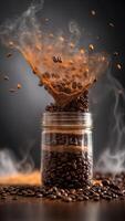 Coffee Bean in Motion with Steam and Ground Coffee. photo
