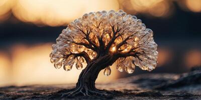 A glowing crystal tree with roots that extend deep into the earth, glowing with power. photo