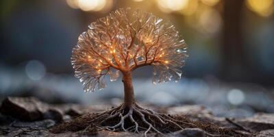A glowing crystal tree with roots that extend deep into the earth, glowing with power. photo