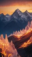 A mountain range where the peaks are made of ice and the valleys glow with fire. photo