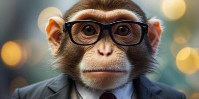 A monkey wearing glasses and a suit is looking to the right. photo
