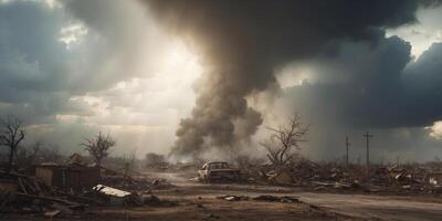 Aftermath of Destruction - Tornado Dissipating with Calm Sky Resuming over Devastated Landscape. photo