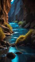 A glowing canyon with bioluminescent plants clinging to the sides and reflecting in a river below. photo