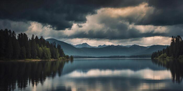 Ominous Dark Clouds Rolling in Over Serene Lake - Nature's Storm Approaches. photo