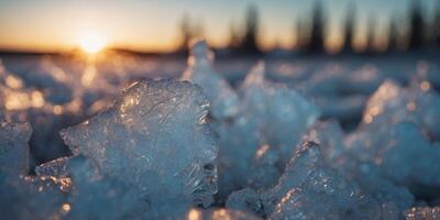 A frozen tundra with glowing ice formations that shift colors in the light of distant stars. photo