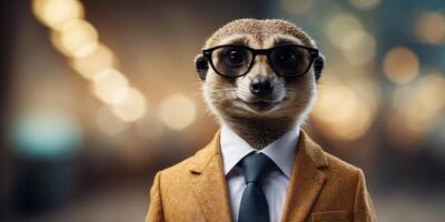 Professional meerkat in business attire with glasses - corporate mascots. photo