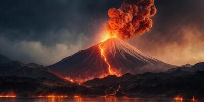powerful and dramatic scene of an erupting volcano. photo