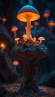A glowing, empty pedestal in a cavern of bioluminescent fungi. photo