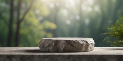 Natural stone and concrete podium in natural green background for empty show for packaging product presentation. photo