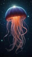 A giant jellyfish floating through space, its tentacles catching the light of stars. photo