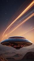 Alien spaceships with neon trails zipping through the atmosphere of a distant planet. photo