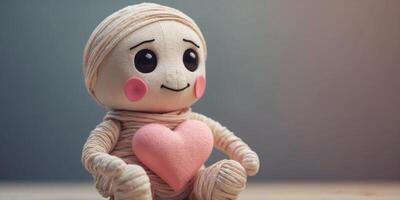 Adorable Mummy Character with Heart Shaped Bandage in Pastel Colors. photo