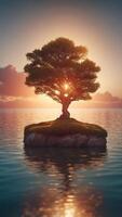A floating island with a glowing pedestal hovering above the ocean at sunset. photo