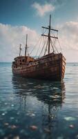 A shipwreck frozen in time, floating in the middle of a crystal-clear sea. photo