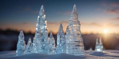 A frozen landscape where the ice formations resemble towering, spiked structures. photo