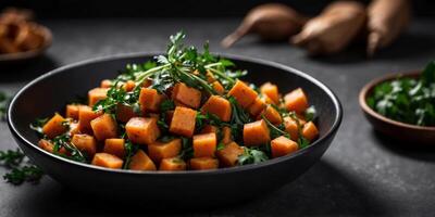 Close up view on a Sweet Potato Hash with greens in a black bowl on a black table. photo