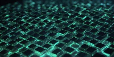 A sharp geometric grid of glowing blue squares over a neon green background. photo